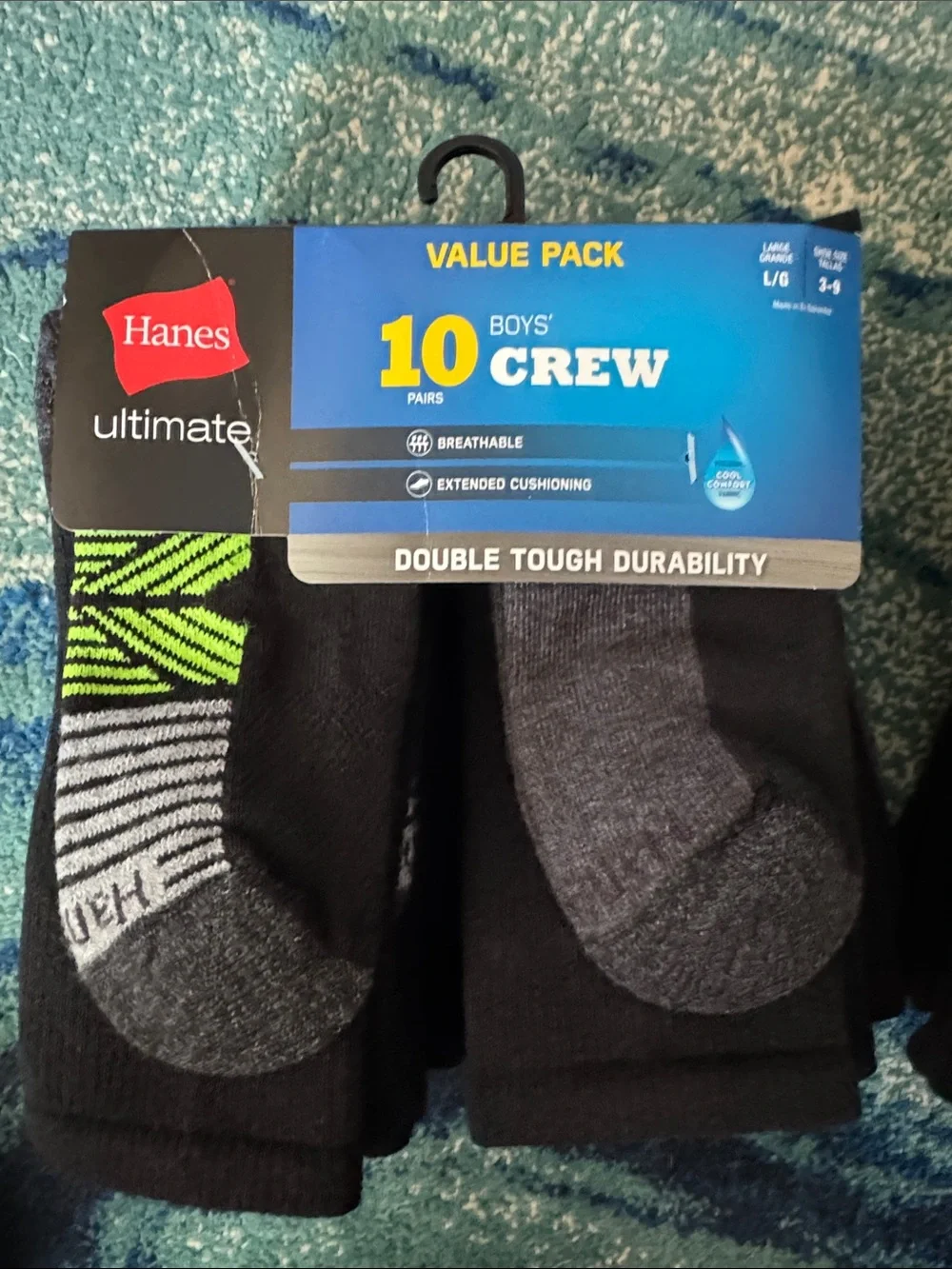 New, Hanes Boys' Ultimate Crew Socks 20-Pack - Black, Gray & Neon Green Accent
